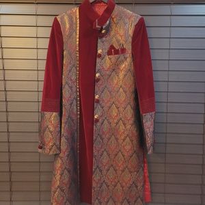 Men's Burgundy and Gold Sherwani w. Matching Pants
